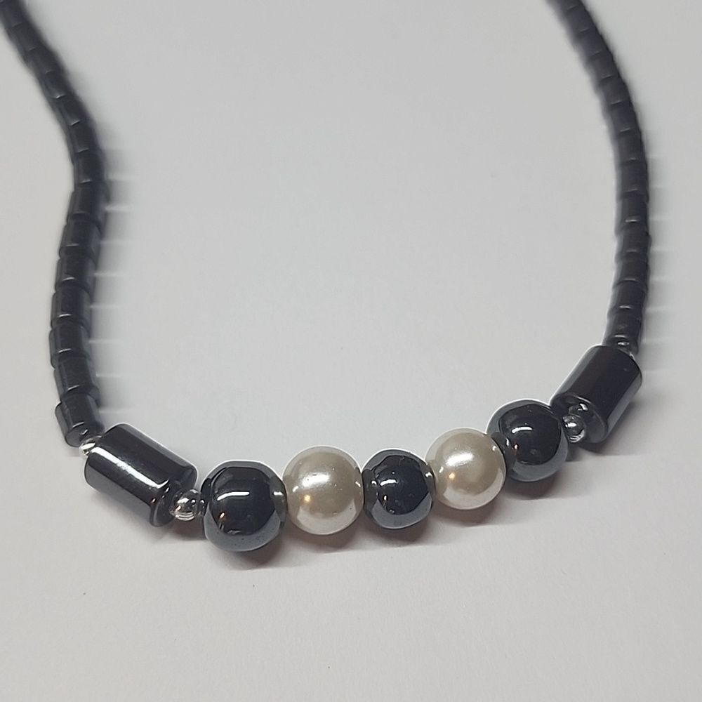 Hematite and Faux Pearl Necklace